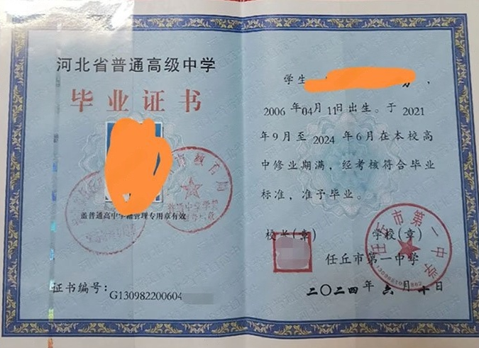 卫东任丘市第一中学高中毕业证样本图片