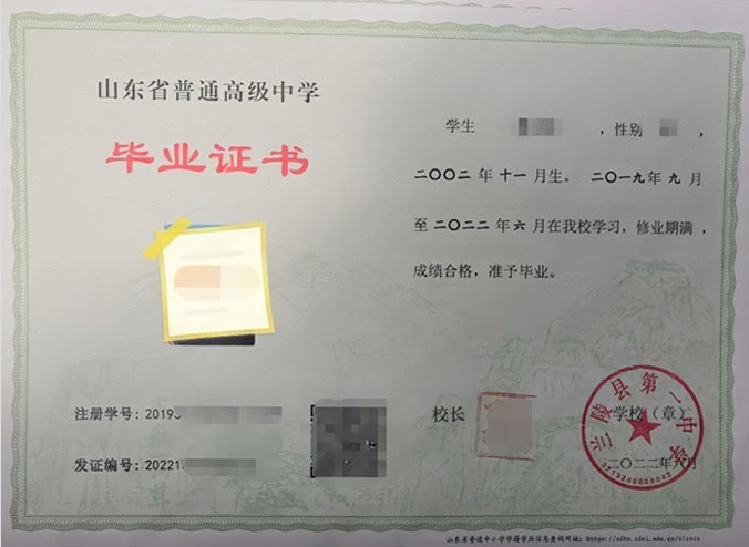 卫东兰陵县第一中学高中毕业证样本